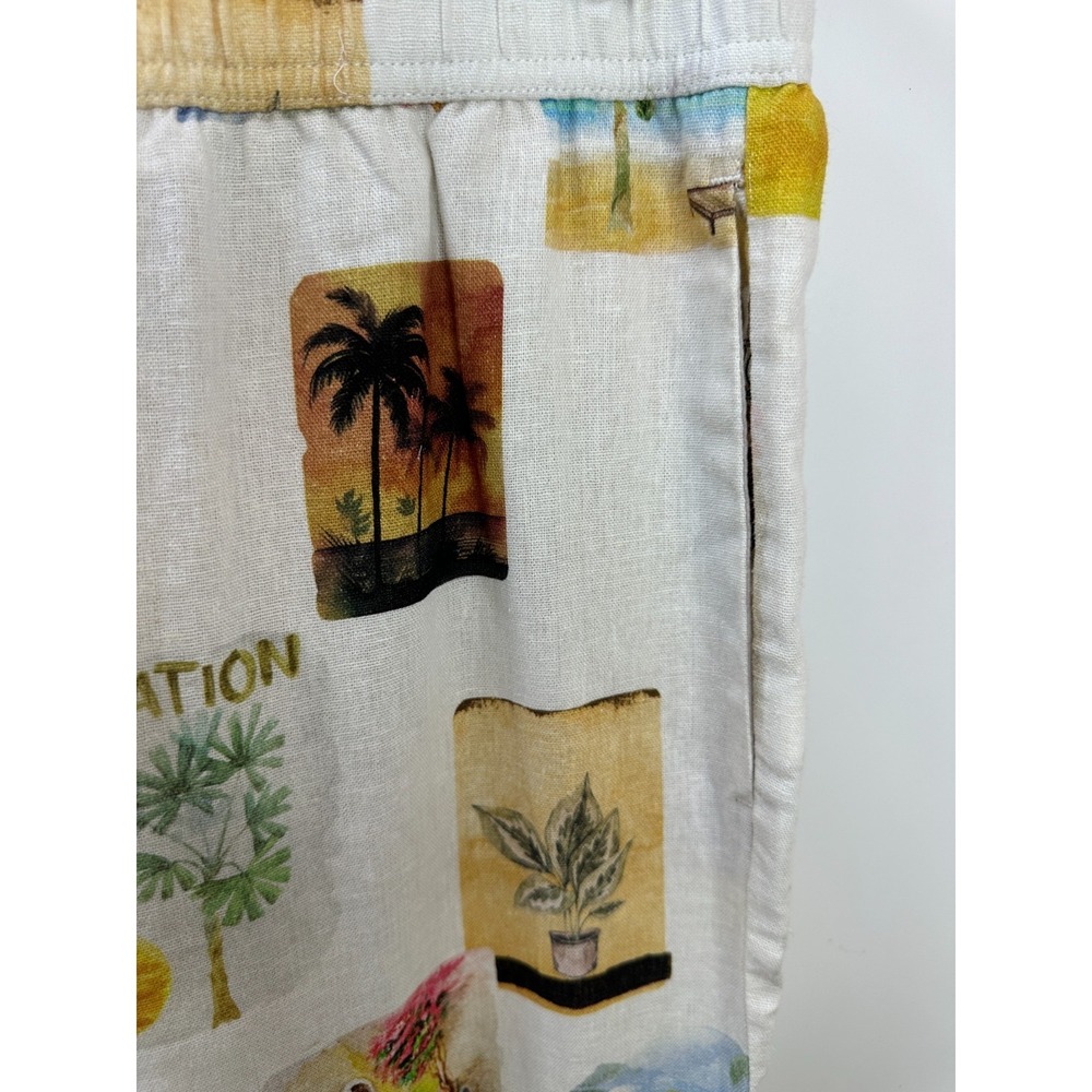 C&C California Small Linen Blend Vacation Print Wide Leg Pants Ivory Multi - Picture 5 of 13